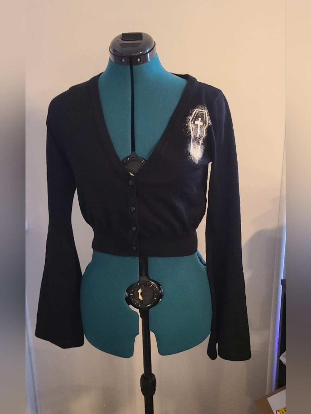 NWT Too Fast Gothic Black Pentagram Cropped Cardigan Bell Sleeves, Med - Picture 3 of 10
